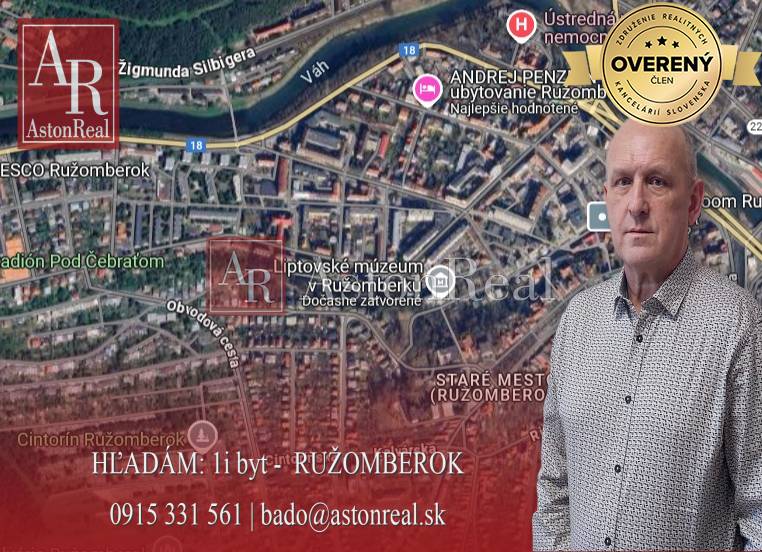 HĽADÁM pre klienta: 1i byt, cca 37m2, cca 60.000,- €, RUŽOMBEROK