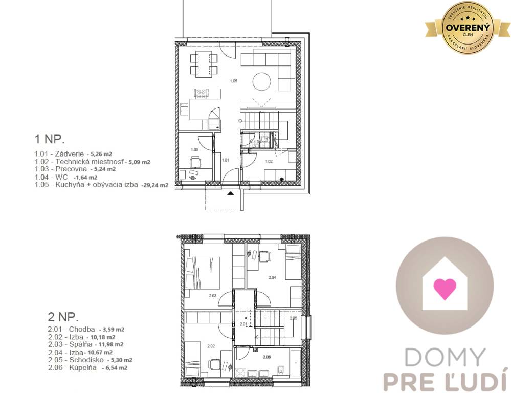5-izbový dvojpodlažný RD (ÚP 95 m2), pozemok 204 m2, 2 x parking