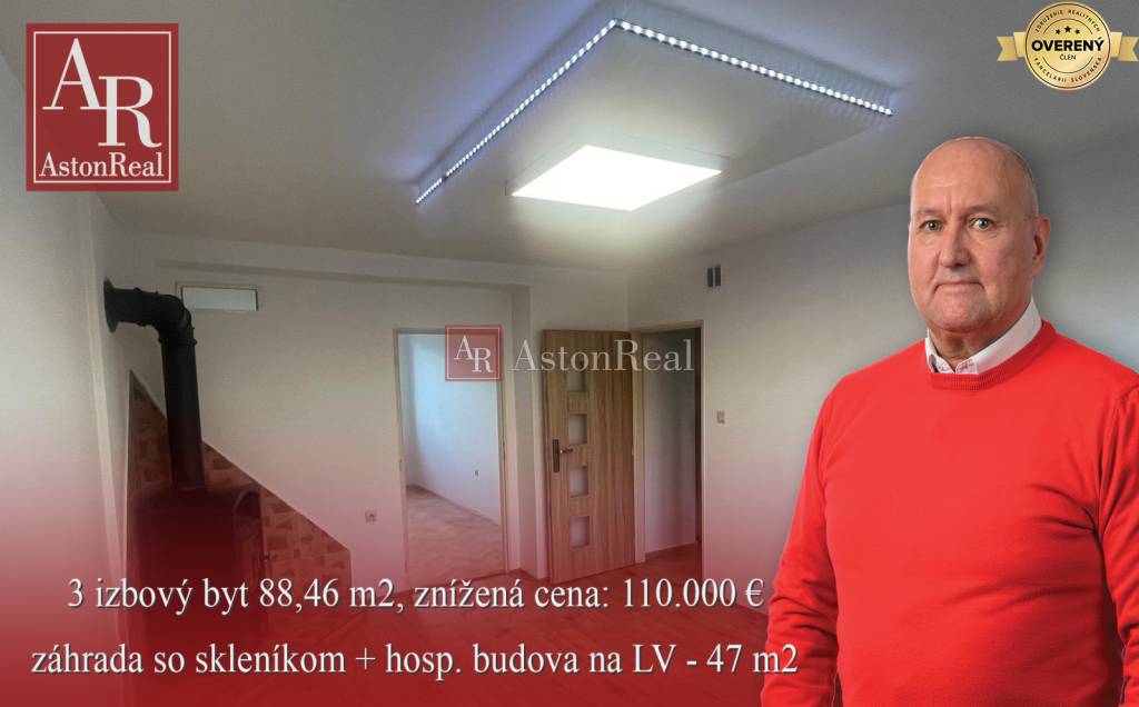 SUPER CENA: 3 izbový byt 88 m2 + 47 m2 záhrada, skleník + kurník