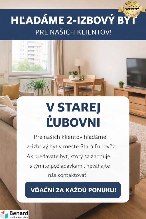 Hľadáme pre klientov 2 izbový byt v Starej Ľubovni !
